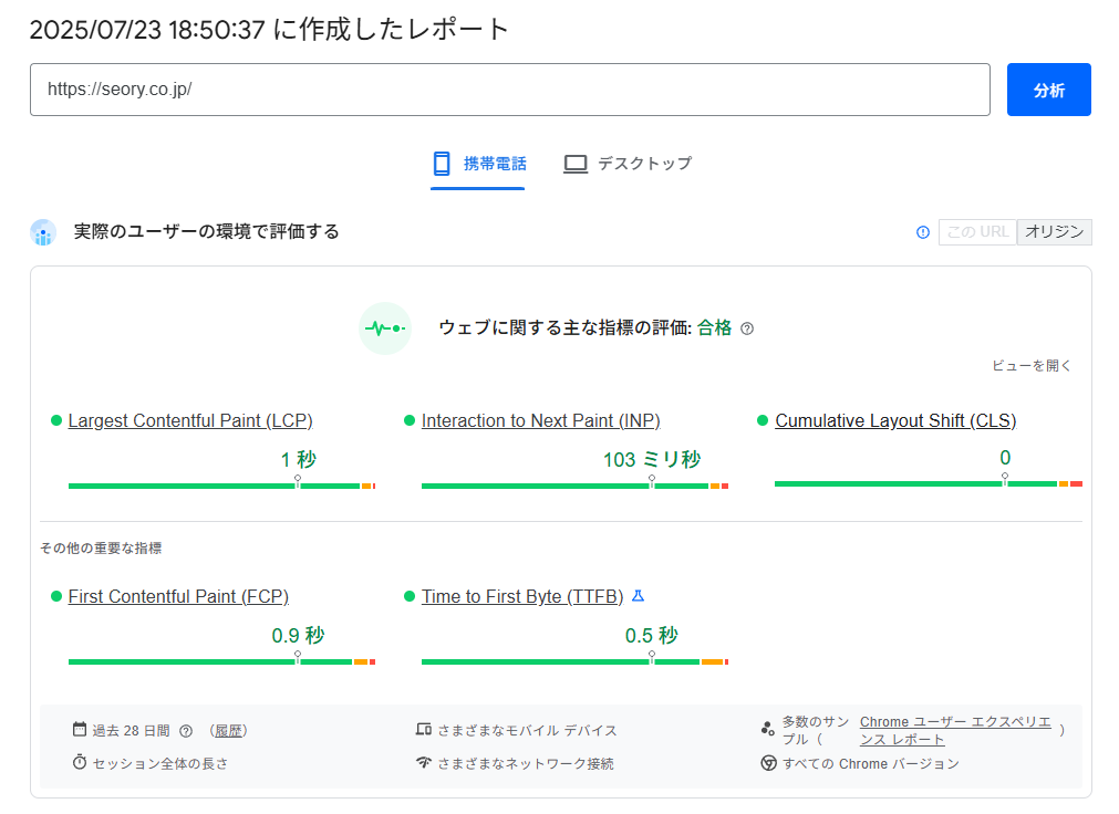 PageSpeed Insightsのセオリコのデータ（ウェブに関する主な指標の評価）
