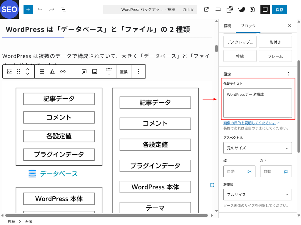 WordPress 投稿編集画面 画像ブロックの代替テキスト(alt)設定欄